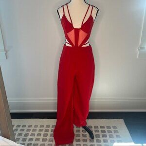 Miss Circle Red Spaghetti Strap Jumpsuit with Mesh Midsection, Size Small